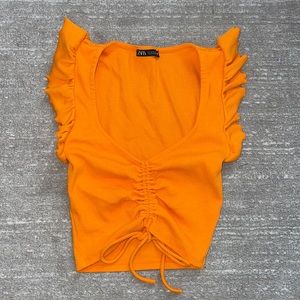 Zara | Tops | Zara Orange Ruched Ruffle Sleeve Crop Top Size Small |  Poshmark